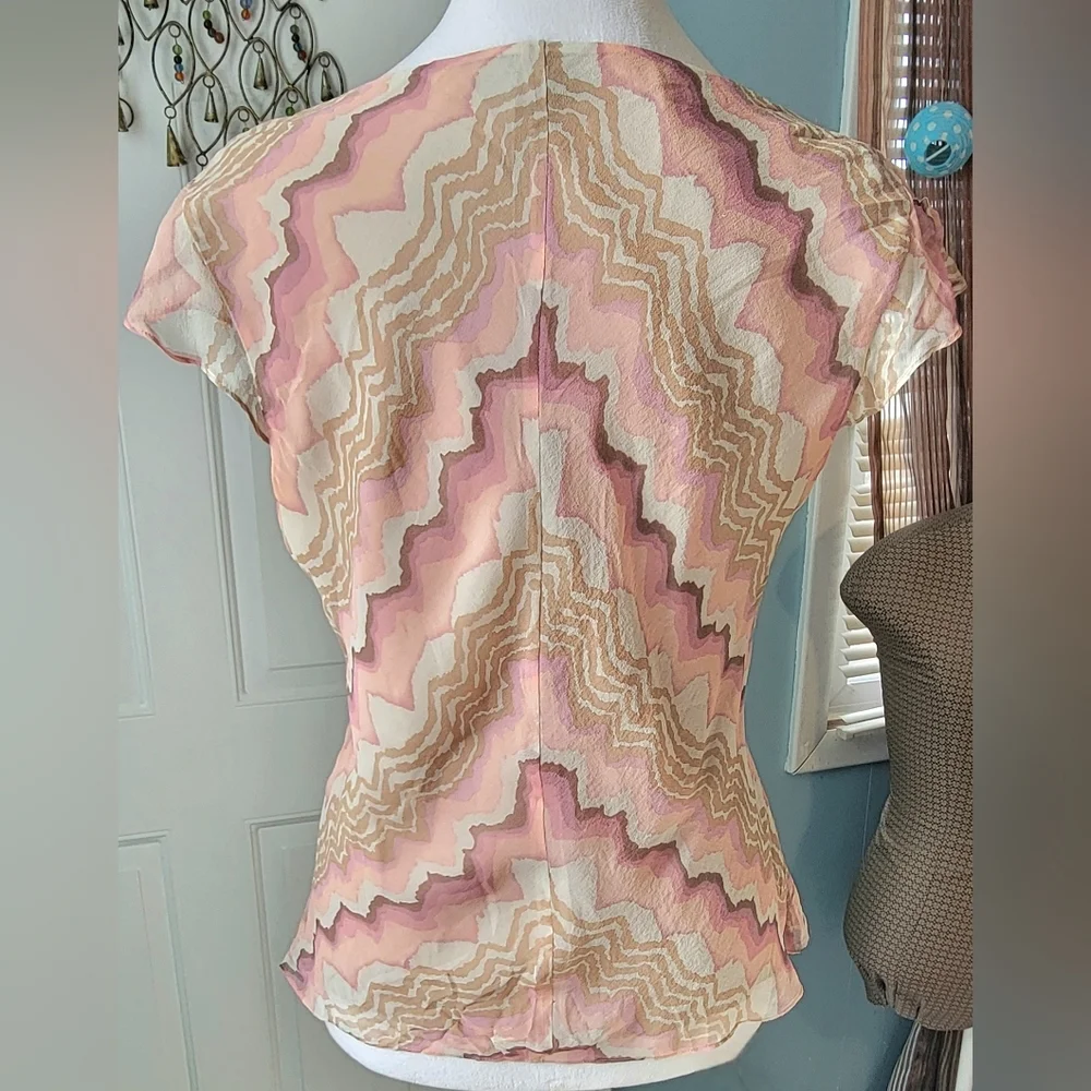 Y2K Vintage 100% Silk Babydoll Blouse Women's 8 Pink Tan Wavy Print Flutter Slee